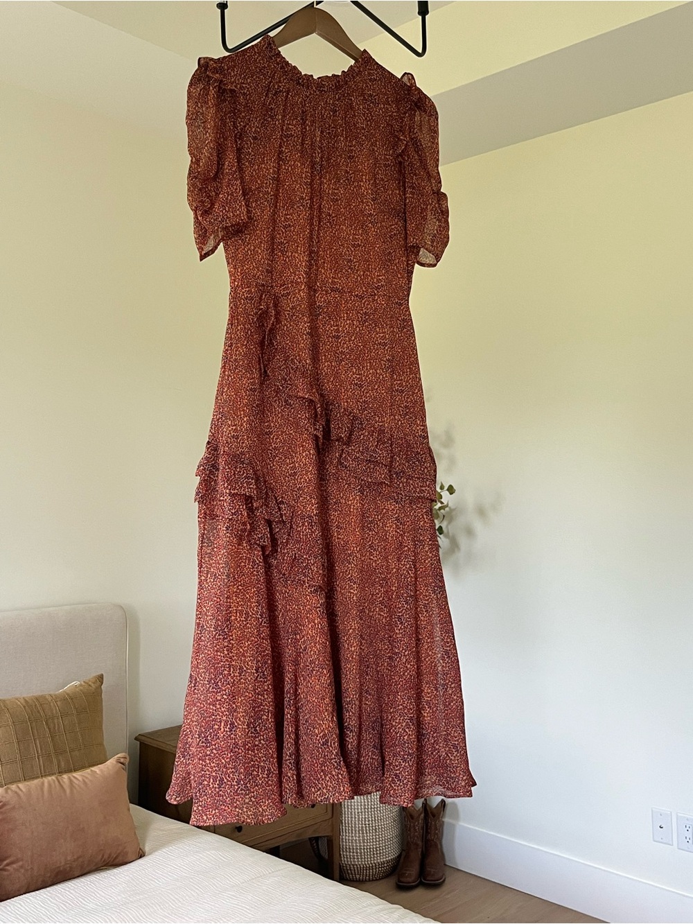 Rust Floral Ruffle Pretty Midi Modest Dress - Women